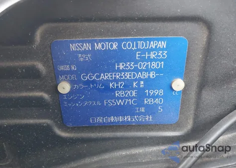 1998 Nissan Skyline z USA, uszkodzony, nr VIN 0000000HR33021801